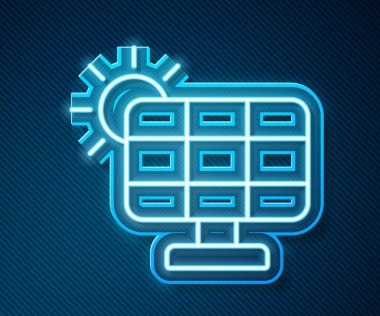 Parlayan neon hattı güneş enerjisi simgesi mavi arkaplanda izole edildi. Vektör.