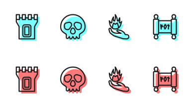 El ateş tutuyor, kale kulesi, Kurukafa ve Sihirli parşömen ikonu. Vektör.