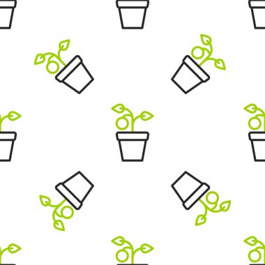 Çömlek simgesindeki Çizgi Bitkisi beyaz arkaplandaki kusursuz deseni izole etti. Tencerede yetişen bir bitki. Saksı bitkisi işareti. Vektör.