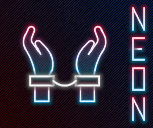 Gloeiende Neon Lijn Handboeien Aan Handen Van Crimineel Icoon Geïsoleerd — Stockvector