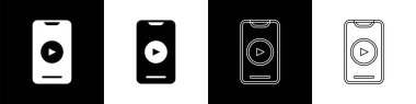 Çevrimiçi oynatma simgesini siyah ve beyaz arkaplanda izole et. Akıllı telefon ve üzerinde oyun işareti olan film şeridi. Vektör.