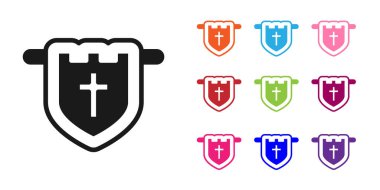 Beyaz arka planda siyah bayrak ve Hıristiyan haç simgesi var. Simgeleri renklendirin. Vektör.