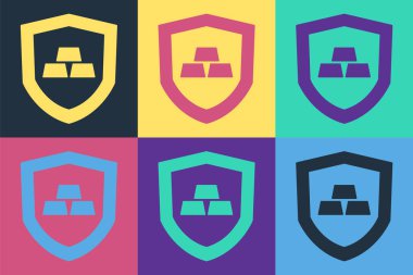 Renk arkaplanında kalkan simgesi olan Pop Art Gold külçeleri. Bankacılık işi konsepti. Vektör.