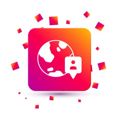 Dünya ikonundaki beyaz konum beyaz arkaplanda izole edildi. Dünya ya da Dünya işareti. Kare renk düğmesi. Vektör.