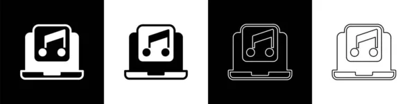 黒と白の背景に隔離された画面アイコンに音楽ノート記号でノートパソコンを設定します ベクトル — ストックベクタ