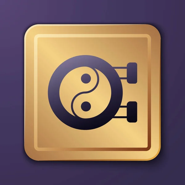 紫色阴阳的象征和谐与平衡的图标孤立在紫色的背景上 金正方形按钮B — 图库矢量图片