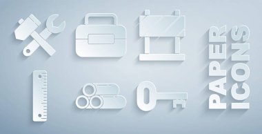 Endüstri metalik boru bariyeri cetvel eski anahtar alet kutusu, çekiç ve anahtar anahtarı simgesini ayarla. Vektör.