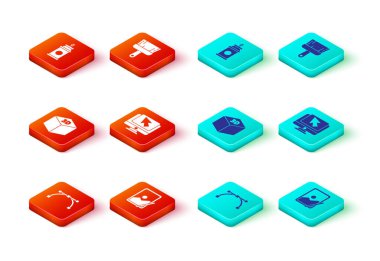 Bezier eğrisi grafiksel tablet Isometric küp bilgisayar monitörü ve imleç boya fırçası ve sprey kutu simgesini ayarla. Vektör.