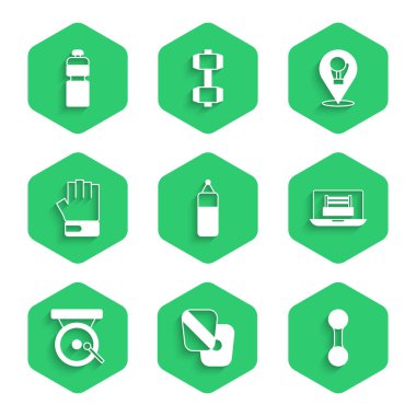 Kum torbası boks antrenman patileri Dumbbell ring gong MMA eldiveni ve fitness karıştırıcı ikonu ayarla. Vektör.