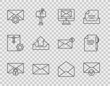 Satır iletisi iletisi kilidi parolası Envelope 'u ayarla ve gelen kutusunu ve belge kalem simgesini ayarlayan işaretli Monitör zarfını kontrol et. Vektör.