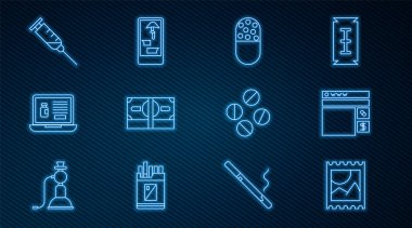 Hat LSD LSD asit işareti Online ilaç satın alma Medicine hap veya tablet yığını kağıt para nakit para dizüstü bilgisayarı şırınga ve telefon ikonu. Vektör.