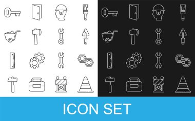 Traffic Cone Hexagonal metal fındıklı Trowel İşçi Güvenlik miğferi Tahta balta Kürek Eski anahtarı ve İngiliz anahtarı simgesi. Vektör.