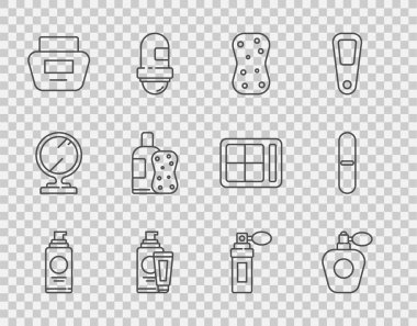 Saç spreyi spreyi kutusunu köpüklü parfüm süngeri krem kozmetik tüp şampuan, sünger ve çivi dosya ikonu ile ayarla. Vektör.