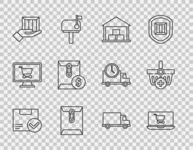 Çizgi paket kutusunu dizüstü bilgisayar deposu zarf teslimat el kutusuna işaretli kargo kamyonu aracını yerleştirin ve sepet simgesi ekleyin. Vektör.