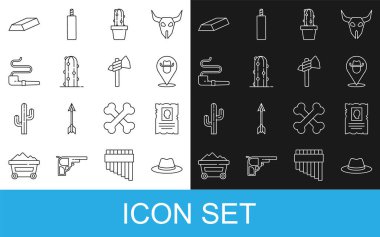 Batılı kovboy şapkası istenen batı poster konumu kaktüs peyote esrar tüttürme piposu altın külçeler ve Tomahawk balta ikonu. Vektör.