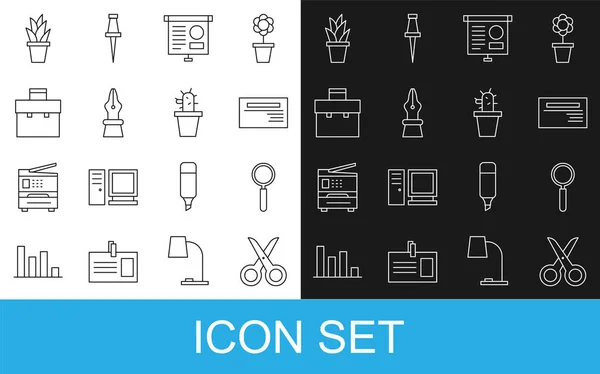 Set Line Tijeras Lupa Tarjeta Visita Pizarra Con Diagrama Pluma — Archivo Imágenes Vectoriales