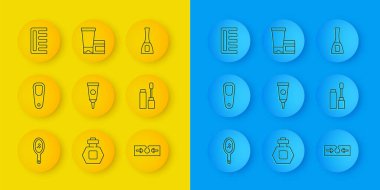 El aynası sünger fareleri ayak kremi kozmetik tüp akne maskara fırça fırçası fırça fırçası tırnak cilası şişesi ve ikon. Vektör.