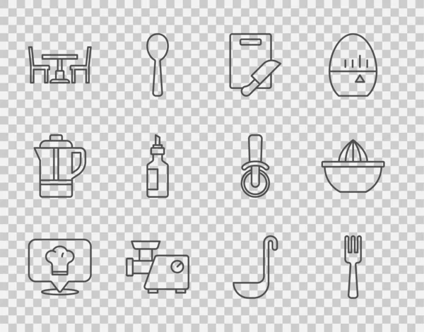 设置直线厨师帽与位置叉切菜板和刀叉肉磨机木制桌椅橄榄油勺和柑橘类果汁图标壶 — 图库矢量图片