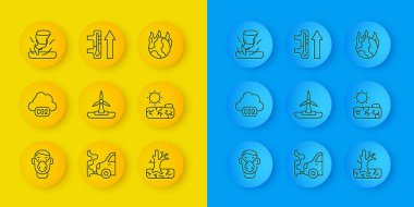 Hat Face 'i koruyucu maskeli karbondioksit emisyonu bulutu rüzgar türbini solmuş ağaç türbini Kuraklık Kasırgası küresel ısınma ateşi ve ikonu olarak ayarla. Vektör.