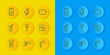 Sıralı sahte çene su değnekli cam bardak ya da koltuk değneği ağrısı Domino acil telefon çağrısı gözlük ve iplik topu örgü iğneleri ikonu. Vektör.