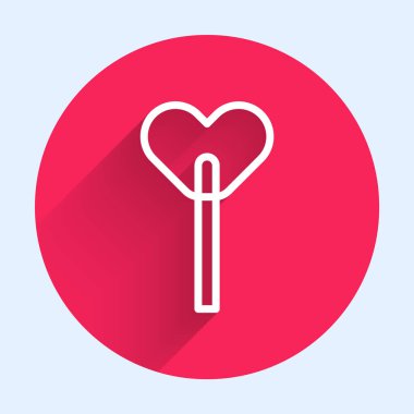 Beyaz çizgi lolipop ikonu uzun gölgeli izole edilmiş. Yemek, lezzetli bir sembol. Kırmızı daire düğmesi. Vektör.