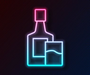 Parlayan neon hattı viski şişesi ve siyah arka planda izole edilmiş cam ikon. Vektör.