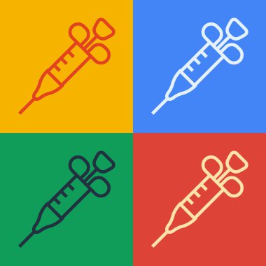 Pop sanat eseri şırınga ikonu renk arkaplanında izole edildi. Aşı için şırınga, aşı, iğne, grip aşısı. Tıbbi ekipman. Vektör.