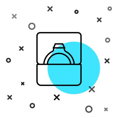 Siyah çizgi elmas nişan yüzüğü beyaz arka planda izole edilmiş bir kutuda. Rastgele dinamik şekiller. Vektör.