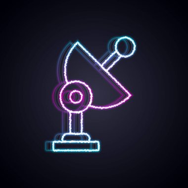 Parlayan neon hattı Radar simgesi siyah arkaplanda izole edildi. Arama sistemi. Uydu sinyali. Vektör.