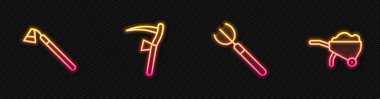 Çizgili bahçe yabası, çapa, tırpan ve çamurlu el arabası. Parlayan neon ikonu. Vektör.