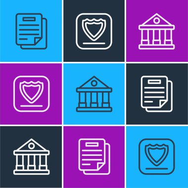 Belge, Adliye Binası ve Kalkan simgesi ayarlayın. Vektör.