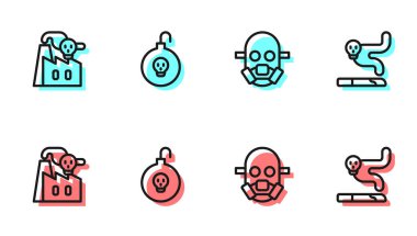 Nükleer bomba ve sigara ikonundan gaz maskesi dumanı alın. Vektör.