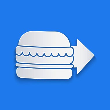 Kağıt kesiği Online sipariş ve hamburger dağıtım ikonu mavi arka planda izole edildi. Kağıt sanatı tarzı. Vektör İllüstrasyonu.