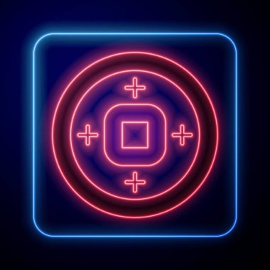 Parlayan neon rengi Çin Yuan para birimi sembolü siyah arkaplanda izole edilmiş. Bozuk para. Bankacılık işareti. Para sembolü. Vektör.