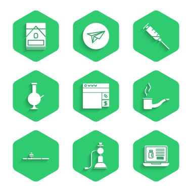 Uyuşturucuyu online Nargile, pipo tüttürmeyi marihuana şırıngası ve sigara kutusu ikonu içmek için ayarla. Vektör.