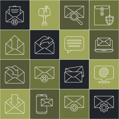 Zarf büyüteci Giden Silme ve Konuşma sohbet simgesi içeren konuşma baloncuğu laptopunda Zarf Zarfı Zarfı Zarfı ayarlama ve e-posta ayarlarını ayarla. Vektör.