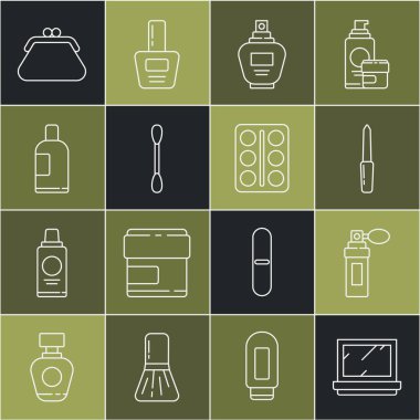 Aynalı Parfüm Tırnağı dosyasına makyaj tozu koyun. Kulaklar için pamuk, şampuan torbası, debriyaj çantası ve Göz Gölgesi paleti simgesi. Vektör.