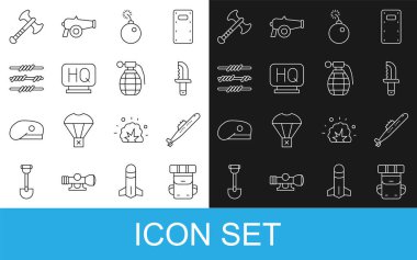 Sırt çantalı Hiking Denizaltı Bıçak Bombası savaş baltası ve el bombası ikonunu patlatmaya hazır. Vektör.