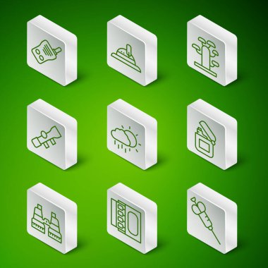 Şırınga Şırıngası kibrit kutusu ve Walkie Talkie Cloud ile yağmur gözlüklü avcı şapkası dürbünü ve ışıklı ikonu eşleştirin. Vektör.