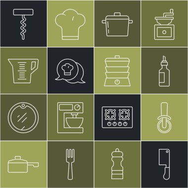 Et doğrayan pizza bıçağı, zeytinyağı şişesi, aşçı şapkası konuşma balonu, ölçü kabı şarap tirbuşonu ve yavaş pişirme ikonu. Vektör.