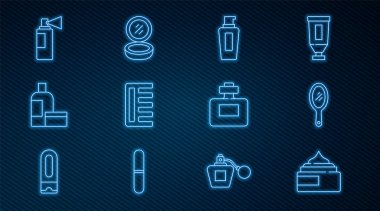 Hat kremi ya da losyon kozmetik tüp aynası aynası şampuan fırçası parfümü ve ikonlu makyaj tozu. Vektör.