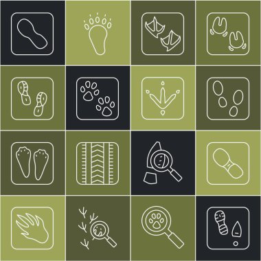 İnsan ayak izleri, martı patisi ve tavuk ikonu. Vektör.