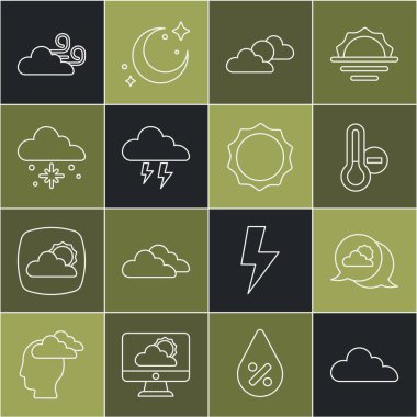 Bulut Bulutu Bulutu Bulutu, Meteoroloji Termometresi Güneş ve Kar Rüzgarı ve ikonlu Hava Fırtınası 'nı ayarlayın. Vektör.