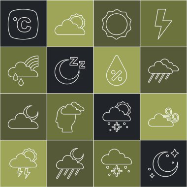 Ay 'ı ve yıldızları ayarla Yağmurlu Hava Bulutu' nu uyku zamanı Gökkuşağı bulutu Celsius ve su damlası ikonu. Vektör.