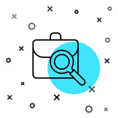 Beyaz arka planda izole edilmiş evrak çantası simgesi olan siyah çizgi büyüteç. İş arıyorum. İş arama konsepti. İşsizlik, kelle avcılığı, kariyer. Rastgele dinamik şekiller. Vektör.