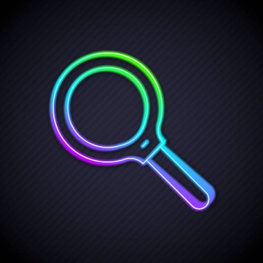 Parlayan neon çizgisi büyüteç simgesi siyah arkaplanda izole edildi. Arama, odaklanma, yakınlaştırma, iş sembolü. Vektör.