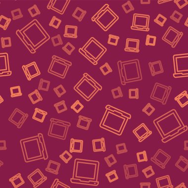 Kahverengi çizgi dizüstü bilgisayar simgesi kırmızı arkaplandaki kusursuz deseni izole etti. Boş ekran işaretli bilgisayar defteri. Vektör.