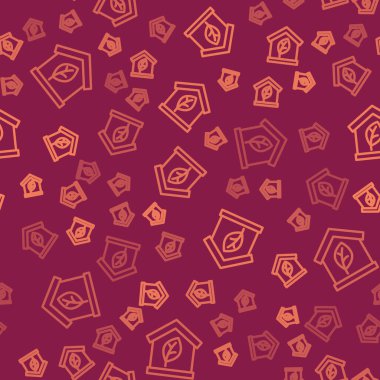 Kahverengi çizgi çevre dostu ev ikonu kırmızı arka planda izole edilmiş pürüzsüz desen. Yapraklı eko ev. Vektör.