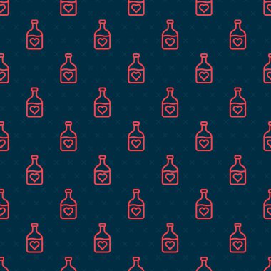 Aşk ikonu ikonlu kırmızı çizgi şişesi siyah arkaplandaki kusursuz deseni izole etti. Sevgililer günün kutlu olsun. Vektör.