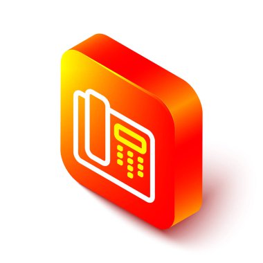 Isometric hattı Telefon Beyaz arka planda 24 saat destek ikonu izole. Tüm gün müşteri destek merkezi. Tam zamanlı çağrı servisi. Turuncu kare düğme. Vektör.